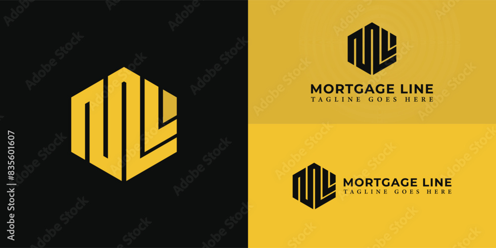 Poster abstract initial hexagon letter ml or lm logo in yellow color isolated on multiple background colors