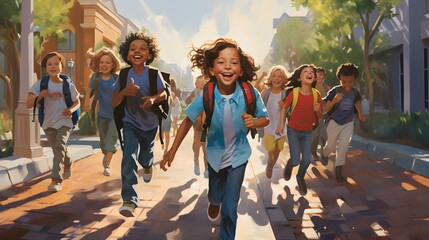 small schoolchildren with colorful school bags and backpacks run to school. 
