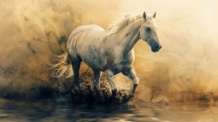 White Horse Running Through Water With Dust In The Air At Sunset