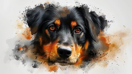 Watercolor painting of a dog's face. The dog has dark fur with a light brown muzzle and light brown eyes.