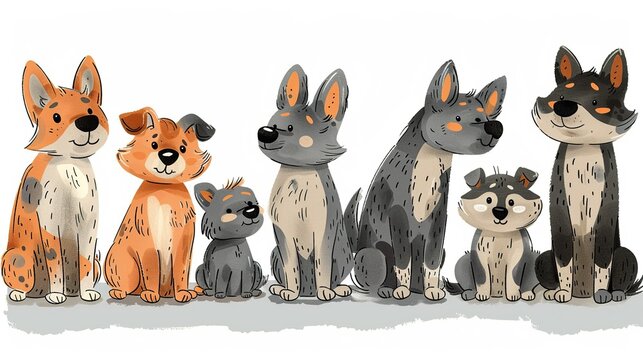 A group of adorable dogs of different breeds sitting in a row on a white background.