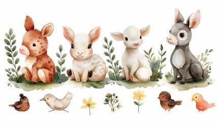 Naklejka premium Set of cute watercolor baby animals and birds with floral elements