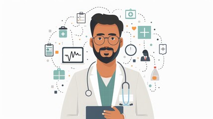 Fototapeta premium Confident male doctor in white coat holding a clipboard. Medical icons around. Vector illustration.