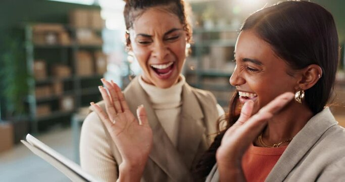 Women, tablet and small business with high five, teamwork as retail manager in online, order and warehouse. Female people, celebration and partner on technology for client, information and sale