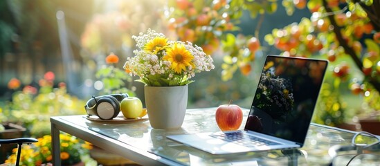 Laptop, flower pot with sunflowers and apple on glass table in garden background, working from home concept
