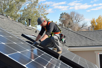 photo of Men worker installing solar photovoltatic on a roof to produce renewable energy power to fight the climate change