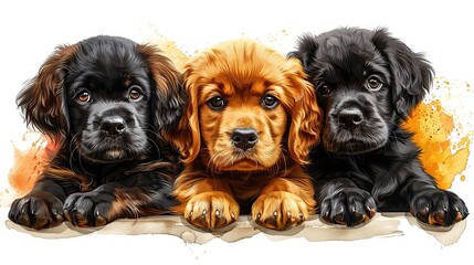 Three adorable puppies, two black and one brown, with big, round eyes and fluffy paws, are sitting in a row against a white background with watercolor splashes.