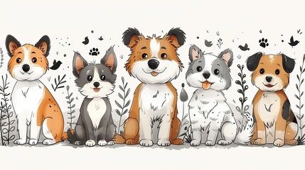 A set of cute cartoon dogs of different breeds sitting in a row. The dogs are surrounded by flowers and leaves.