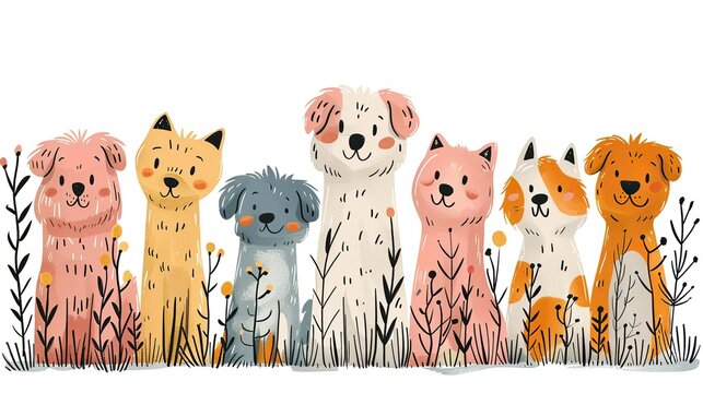 Fototapeta Cute cartoon cats and dogs seamless pattern. Funny animal background. Vector illustration for textile, wrapping paper, wallpaper