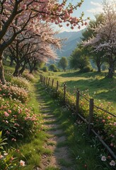 Naklejka premium Path Through a Spring Blossom Meadow