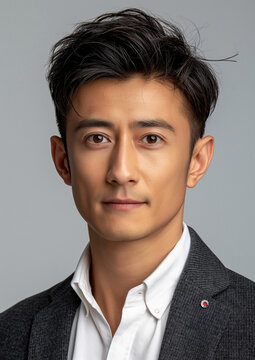 A close-up portrait of a man with dark hair and a serious expression, wearing a grey blazer over a white shirt. The background is a simple grey, highlighting the subject