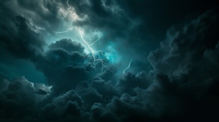 Stormy night sky with lightning and dark clouds