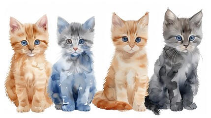 Set of cute watercolor kittens. Hand drawn illustration.