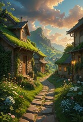Fototapeta premium Enchanted Village Path at Sunset