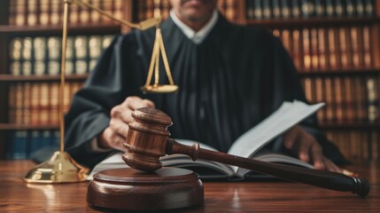 A judge in black robes with the scales of justice and an open book on their desk, symbolizing law and order. 