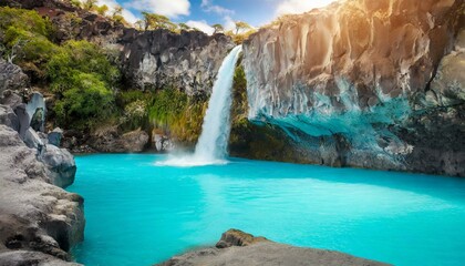 a blue lagoon with a waterfall flowing into it