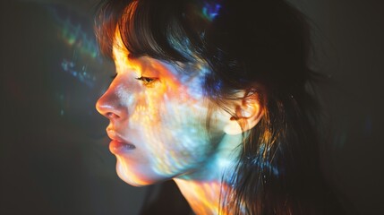A close-up profile of a young woman bathed in colorful, prismatic light patterns, creating a captivating interplay of colors and shadows on her face, evoking a sense of introspection and beauty.