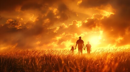 Fototapeta premium A family walks hand in hand through a golden field at sunset, bathed in warm light and surrounded by dramatic clouds, symbolizing unity, love, and the beauty of togetherness in a breathtaking landscap