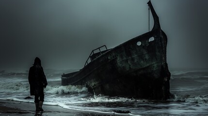 A solitary figure in a hooded coat walks along a misty beach towards a rusted shipwreck, shrouded in darkness and waves, evoking a haunting and mysterious scene of abandonment and reflection.