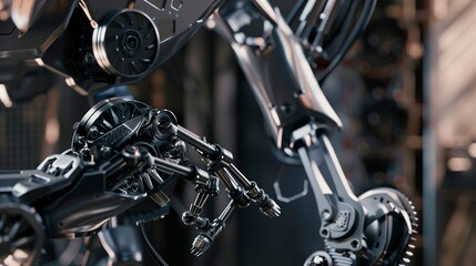 Close-up of AI-controlled robotic arm, precision gears and joints, industrial setting, sharp focus 