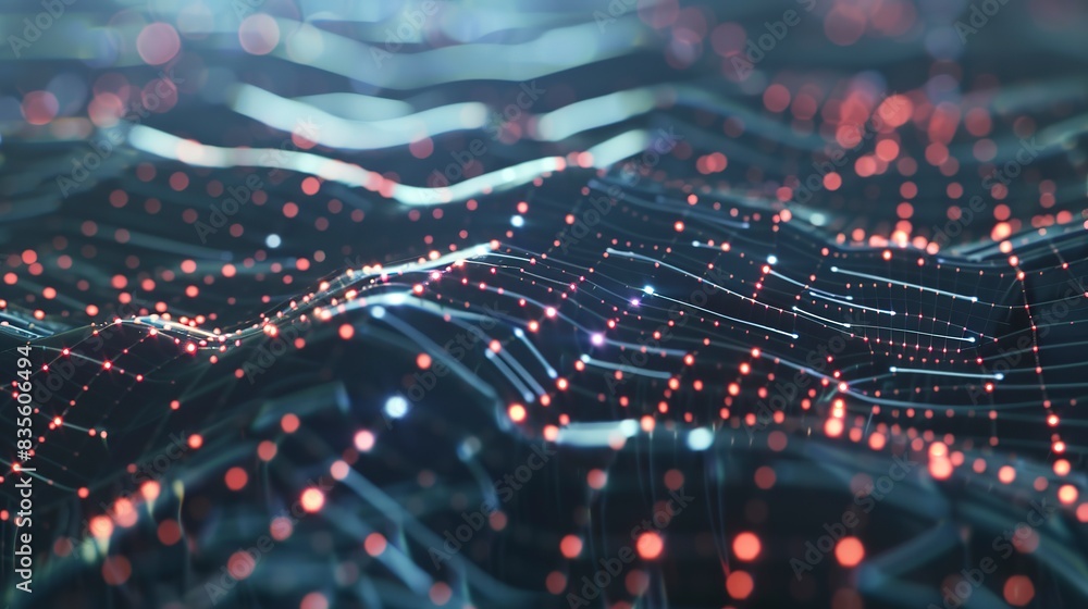Poster artificial neural network training, close-up on matrix display, intense focus, high-tech research la