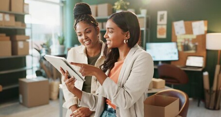 Women, tablet and small business with talking, teamwork as retail manager in online, order and warehouse. Female people, collaboration and entrepreneurship on tech for client, information and sale - Powered by Adobe