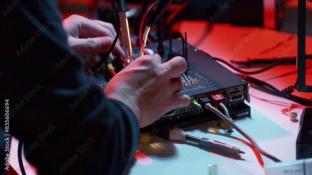 Poster network engineer's hands configuring a router, close-up, with tools in foreground, clear lighting.