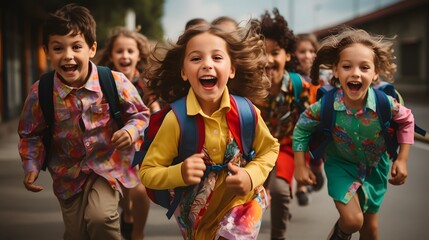 small schoolchildren with colorful school bags and backpacks run to school. 