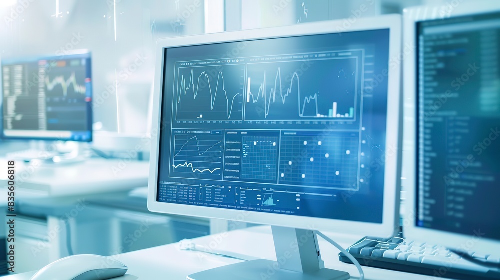 Poster monitor displaying software testing results, close-up, with graphs and data, clinical white light.