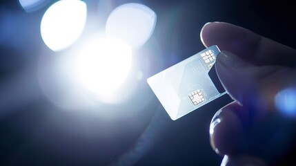 Close-up of a hand holding a card with a blockchain-enabled chip, futuristic design, cool white lighting.