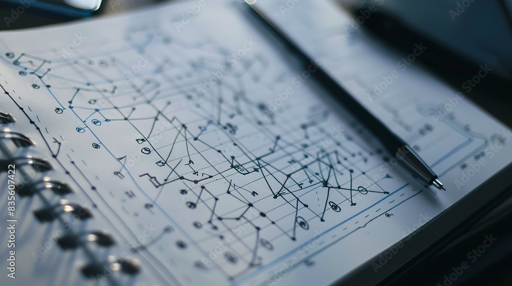 Poster close-up on a big data engineer's notebook, filled with complex algorithms and diagrams, natural lig