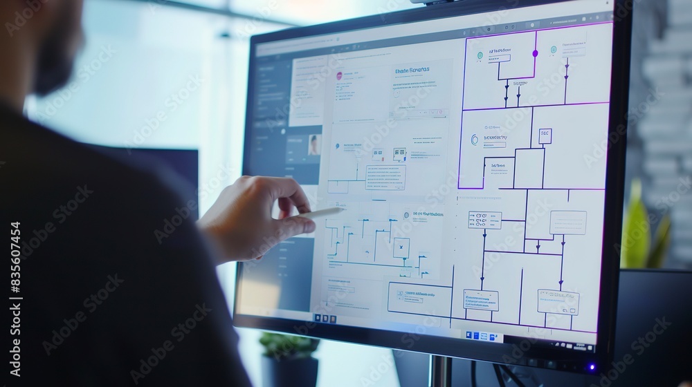Poster ux designer reviewing user flow diagrams on a large monitor, close-up, high detail on flow elements.
