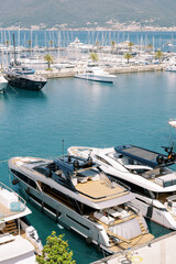 Double-deck motor yachts moored to the pier of a luxury marina