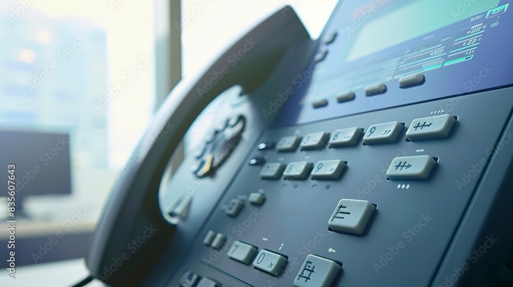 Poster close-up of a voip phone being used in an office, focused on the digital display and buttons, practi