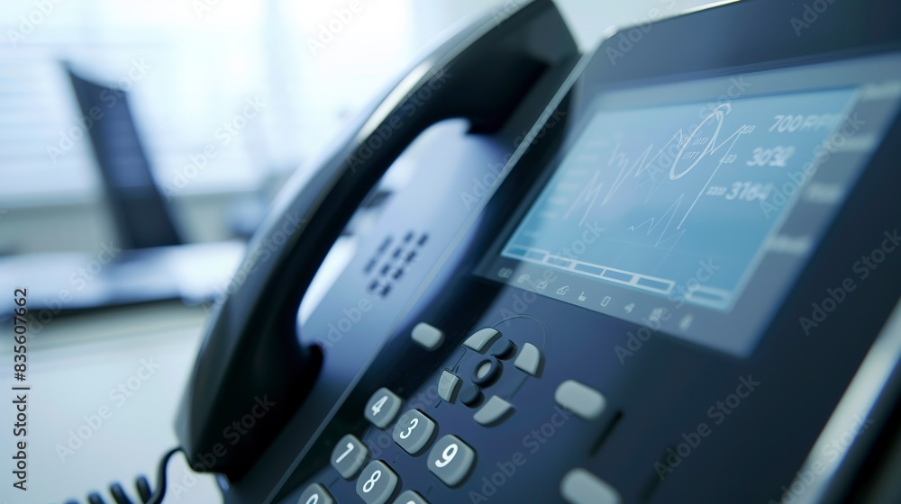 Poster close-up of a voip phone being used in an office, focused on the digital display and buttons, practi