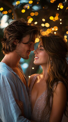 A man and woman stand close together, their foreheads touching, under a canopy of string lights