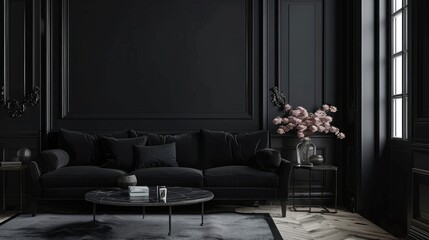 Black living room interior mockup with sofa and coffee table, luxury classic style. 3D rendering illustration