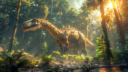 adult Muttaburrasaurus feeding on plants in a dense forest with sunlight streaming through the trees and other dinosaurs nearby