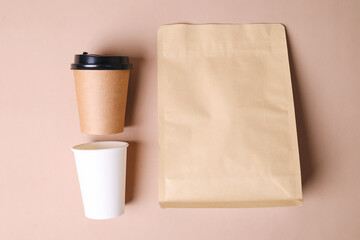 Blank Food And Drinks Packaging Set For Add Logo Over Beige Background