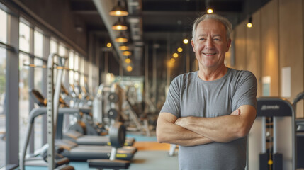 Fototapeta premium A Smiling Elderly Male standing in front of a Gym And Fitness Center