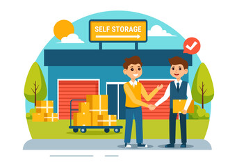 Self Storage Vector Illustration featuring Cardboard Boxes Filled with Unused Items in a Mini Warehouse or Rental Garage in a Flat Cartoon Background