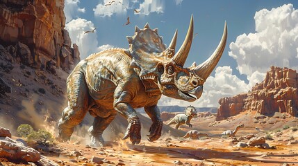 adult Triceratops defending its territory from a rival in a dry rocky landscape with other...