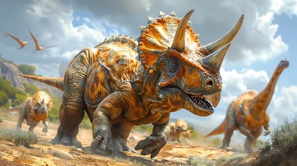 adult Triceratops defending its territory from a rival in a dry rocky landscape with other...