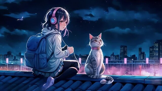 Lofi animation. Seamless loop morning to night Japan. Girl and cats are on the roof see the city  ,listening to music., midnight , cozy weather , video editing asset