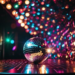 Disco ball for party with lighting background, graphic illustration image generative ai