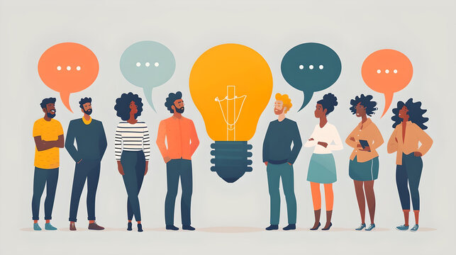 Diverse group of people discussing ideas, represented by a large lightbulb and speech bubbles, symbolizing creativity and collaboration.