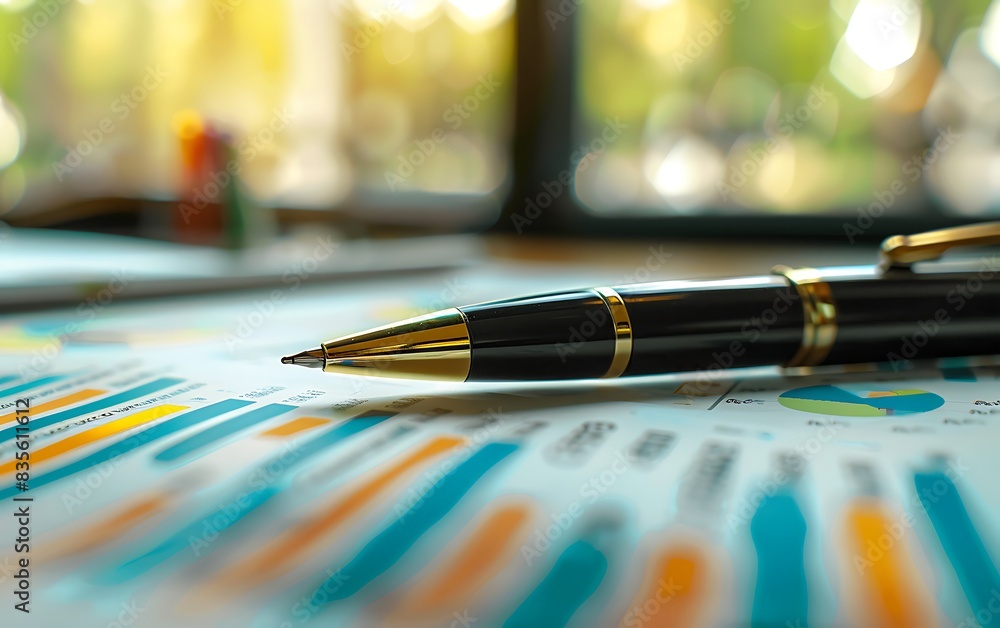 Poster pen on colorful charts and graphs in a modern workspace, symbolizing detailed market analysis and th