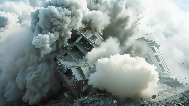 Thick clouds of dust filling the air as a wrecking ball crashes into an old building bringing it down.