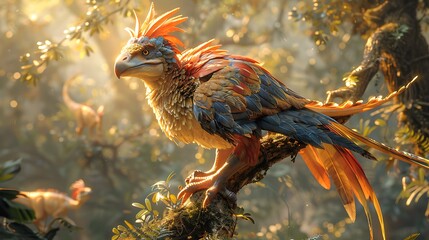 Archaeopteryx perched on a tree branch with colorful feathers catching the sunlight and other...