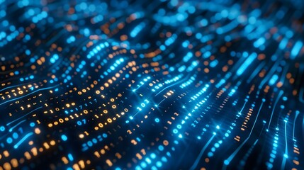 Abstract Background - Wavy grid of glowing binary code, with blue and orange digits creating a dynamic effect